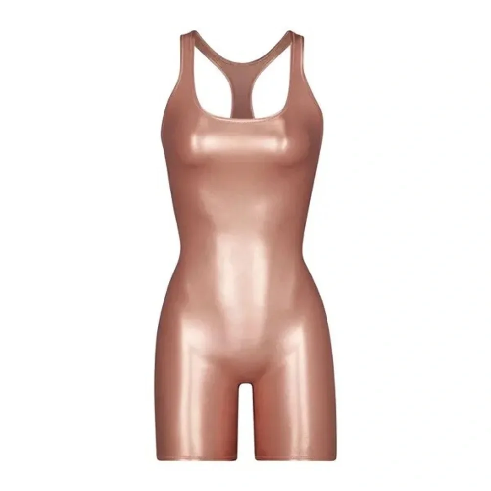 SKIMS Metallic Swim Cycle Suit - Champagne dude medium swim festival rave M
